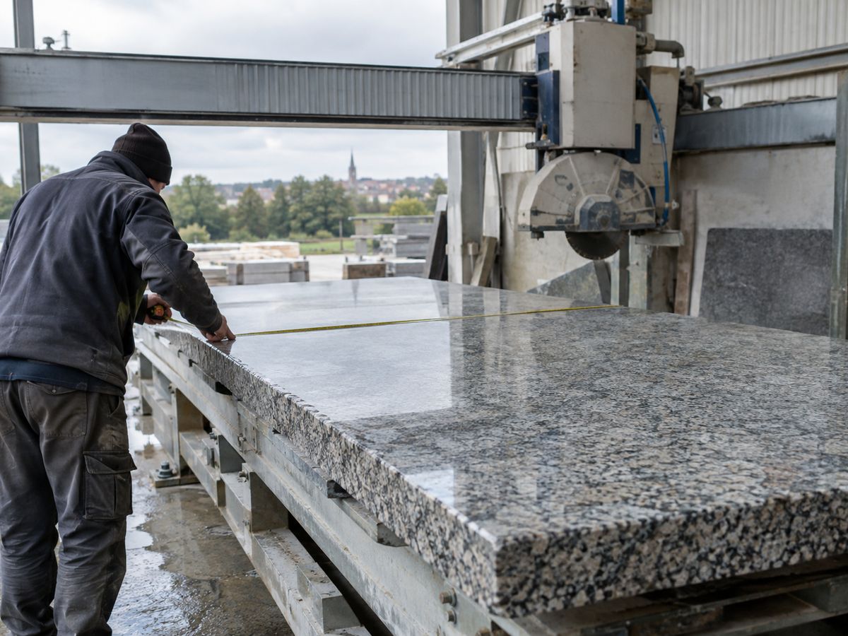 Große Granitplatte in einer Steinwerkstatt wird vermessen