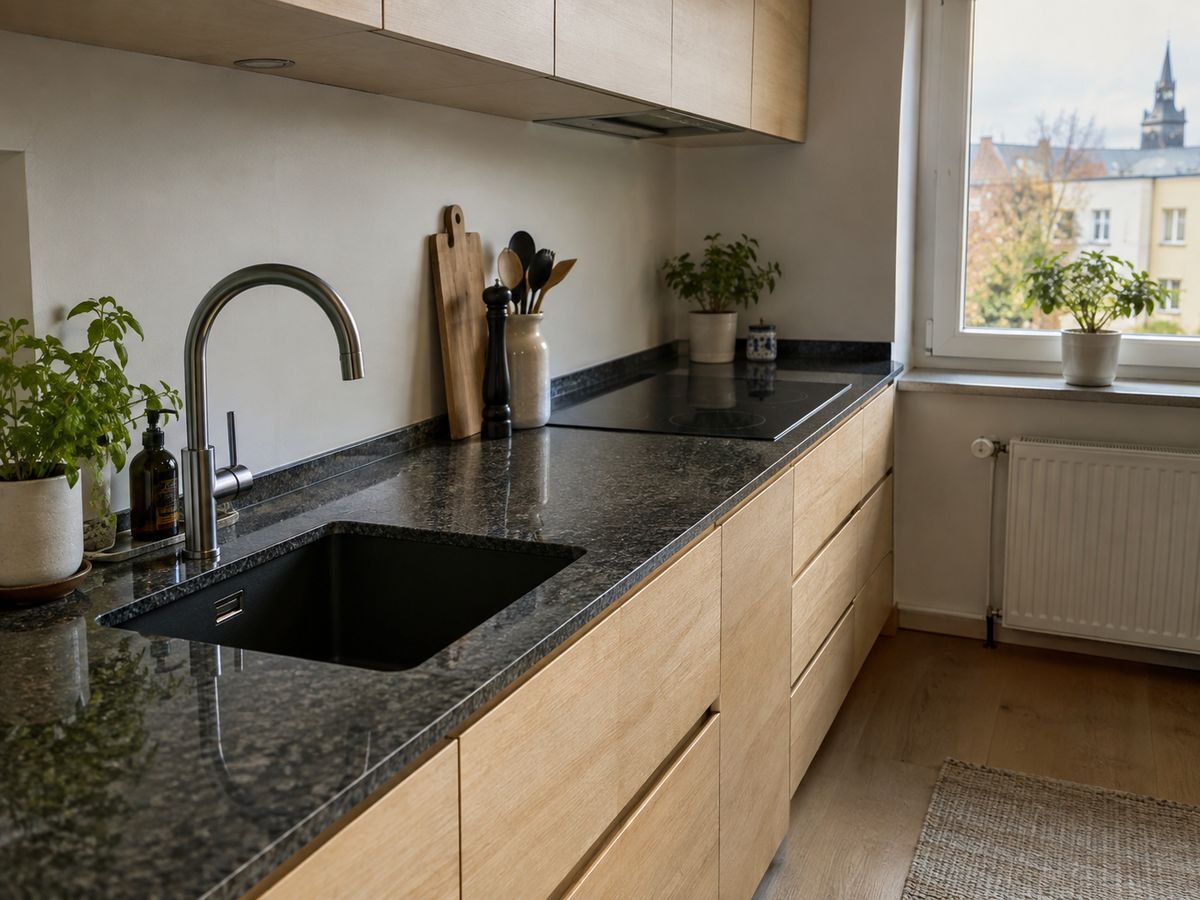 Küche mit dunkler Granitarbeitsplatte, unterbautem Spülbecken und hellen Holzfronten